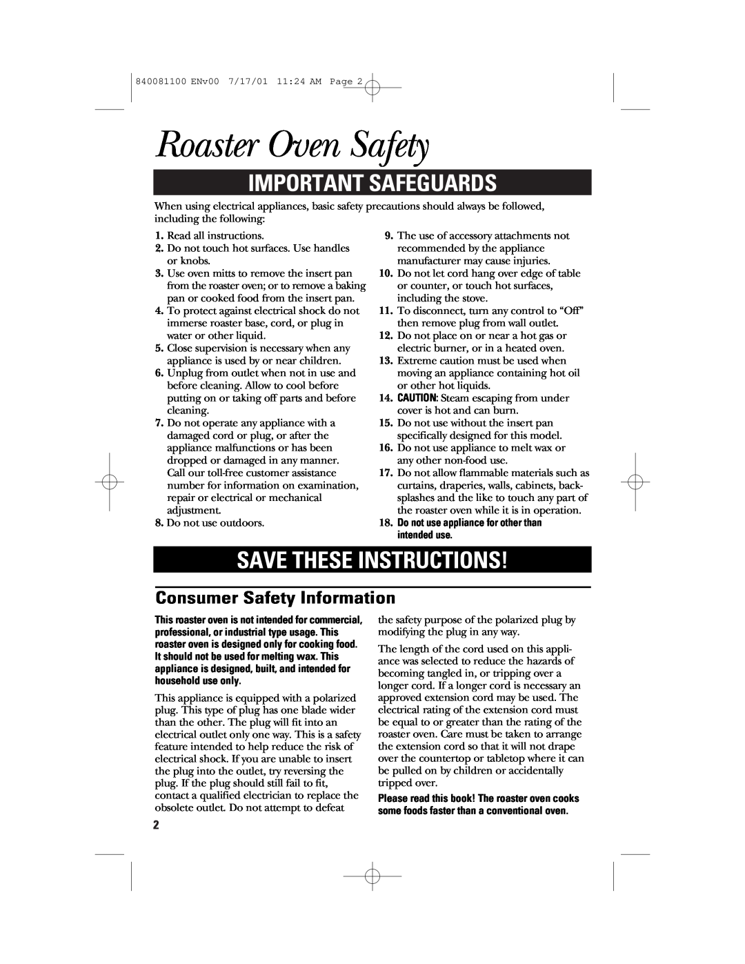 GE 840081100 manual Roaster Oven Safety, Important Safeguards, Save These Instructions, Consumer Safety Information 