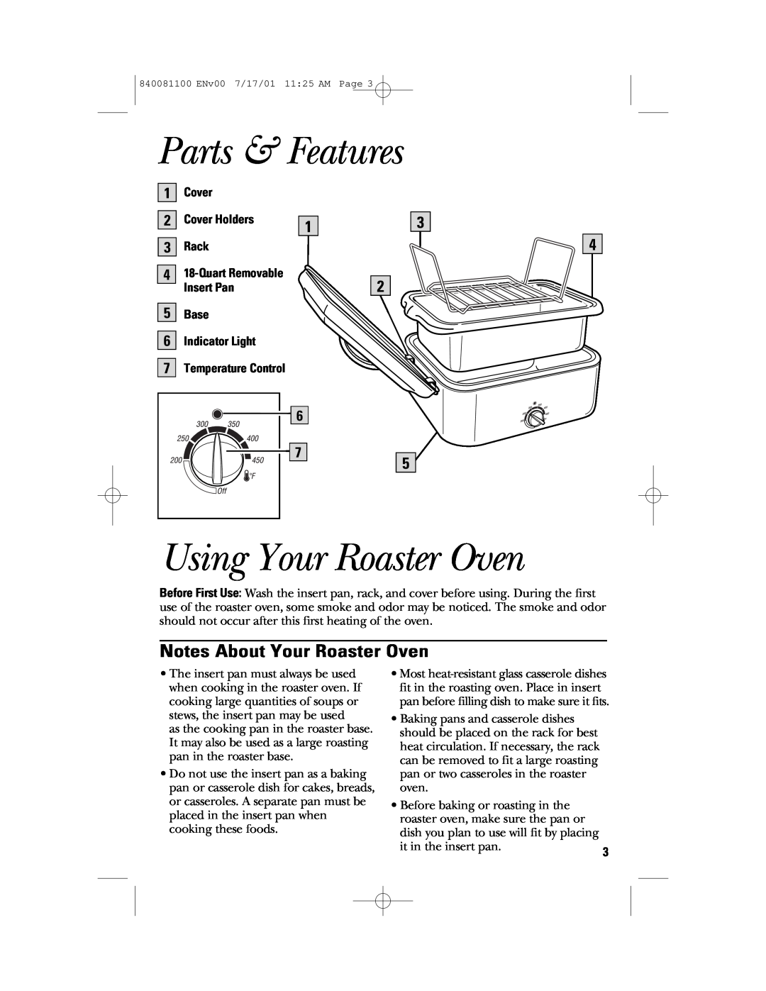 GE 840081100 manual Parts & Features, Using Your Roaster Oven, Notes About Your Roaster Oven, 1Cover, Cover Holders, Rack 