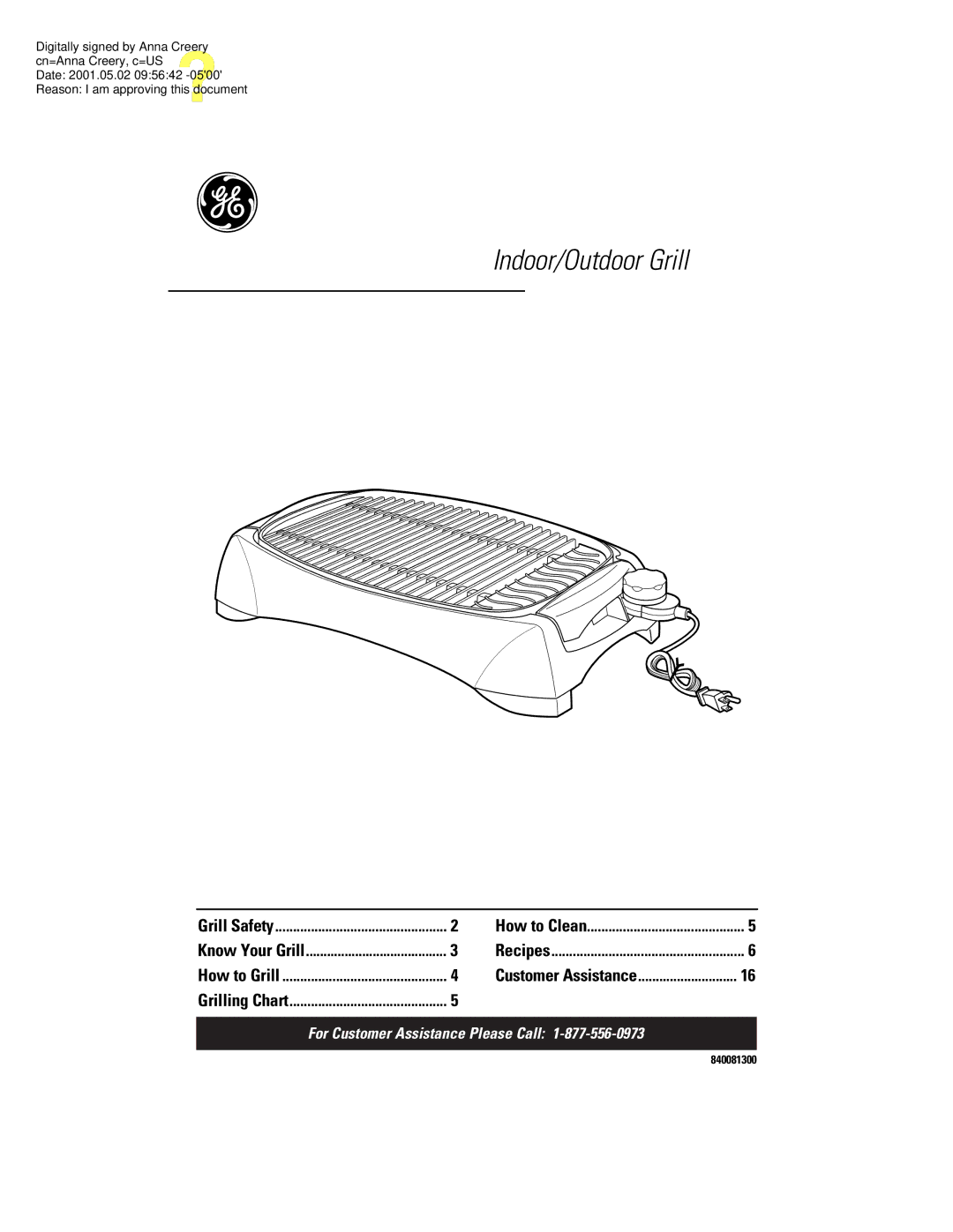 GE 106796, 840081300 manual Indoor/Outdoor Grill 