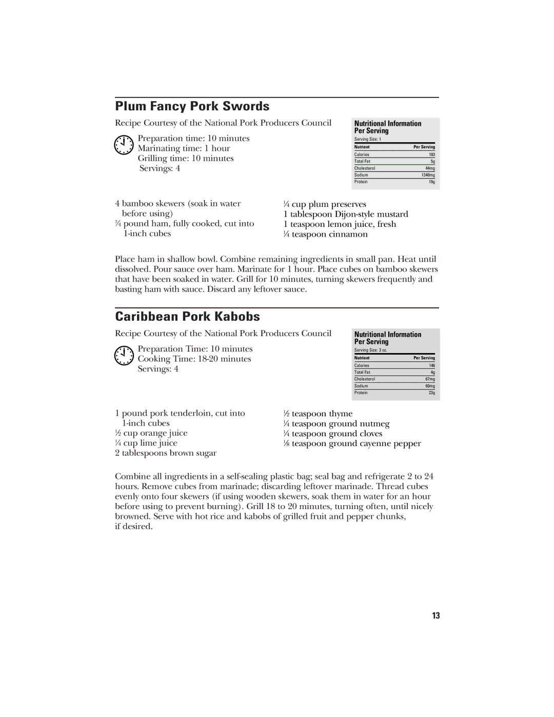 GE 106796, 840081300 manual Plum Fancy Pork Swords, Caribbean Pork Kabobs 