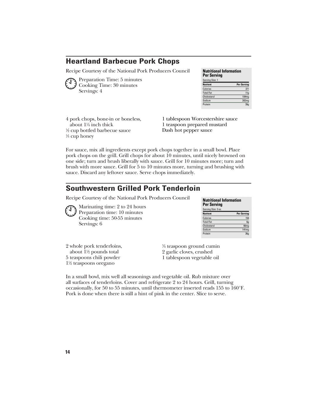 GE 840081300, 106796 manual Heartland Barbecue Pork Chops, Southwestern Grilled Pork Tenderloin 