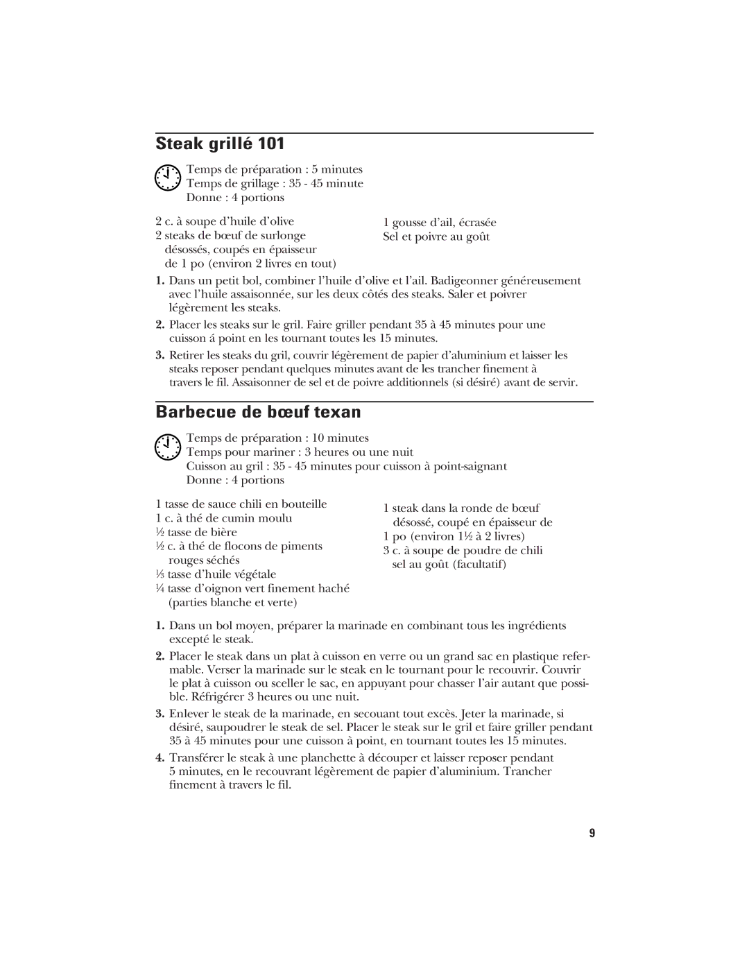 GE 106796, 840081300 manual Steak grillé, Barbecue de bœuf texan 