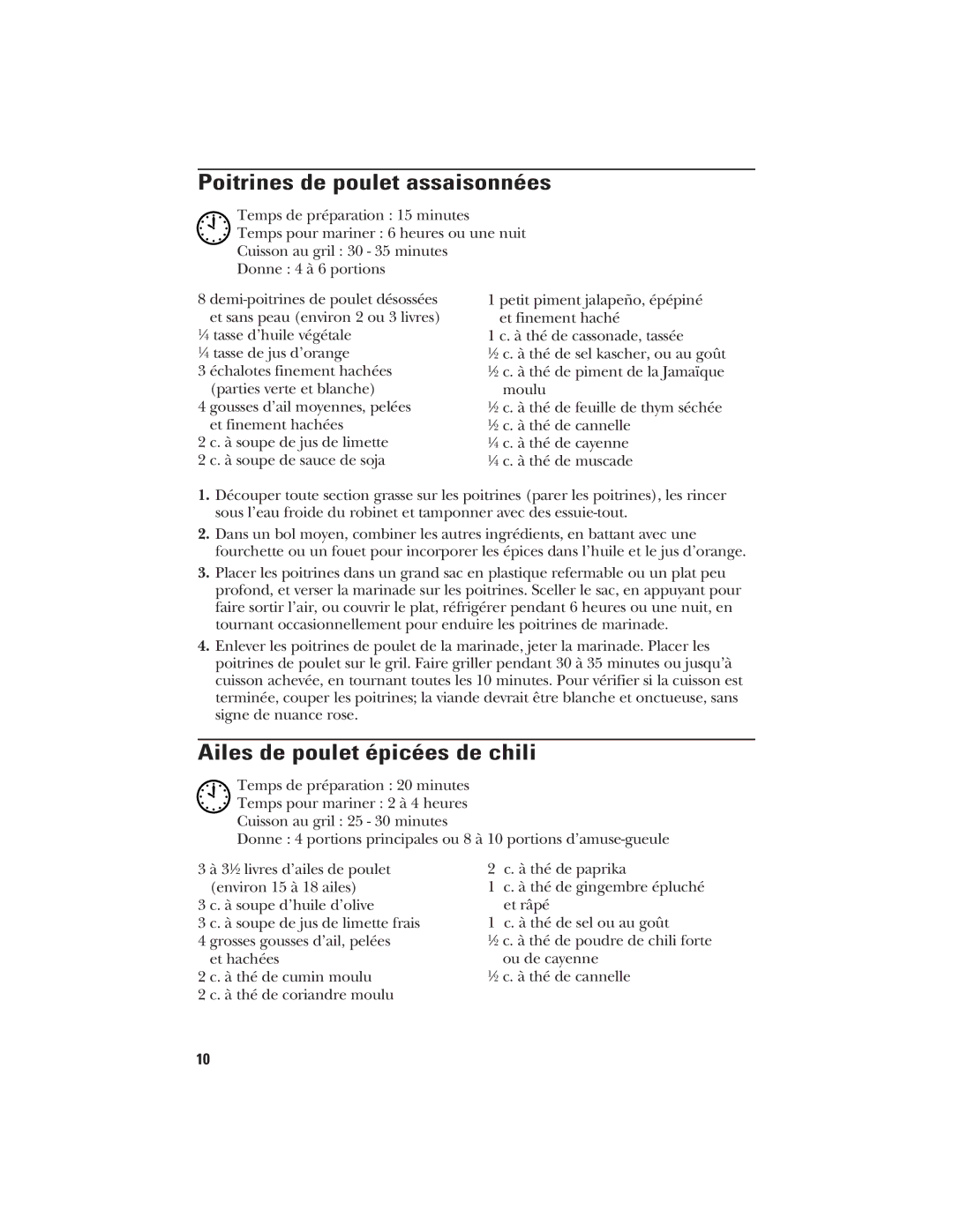 GE 840081300, 106796 manual Poitrines de poulet assaisonnées, Ailes de poulet épicées de chili 