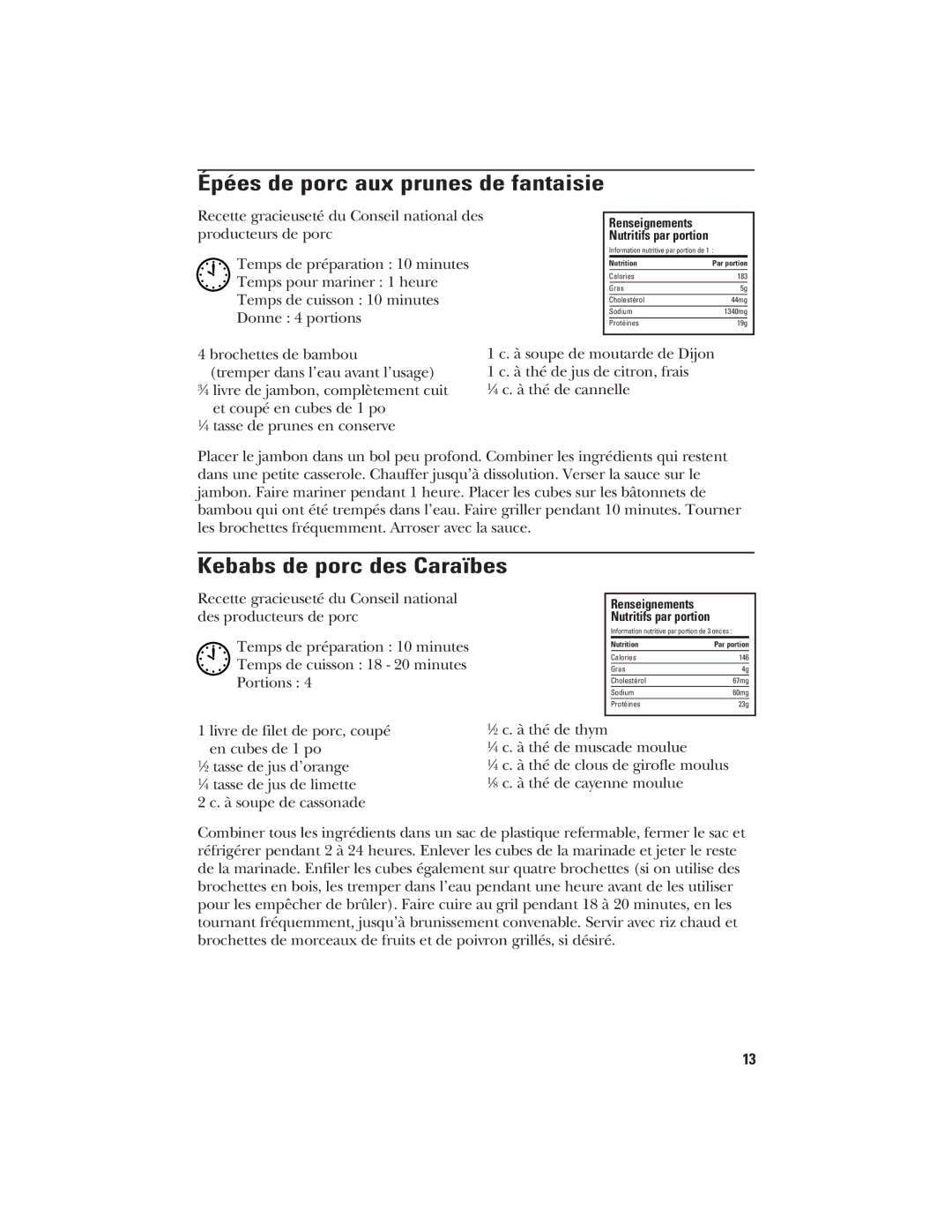 GE 106796, 840081300 manual Épées de porc aux prunes de fantaisie, Kebabs de porc des Caraïbes 