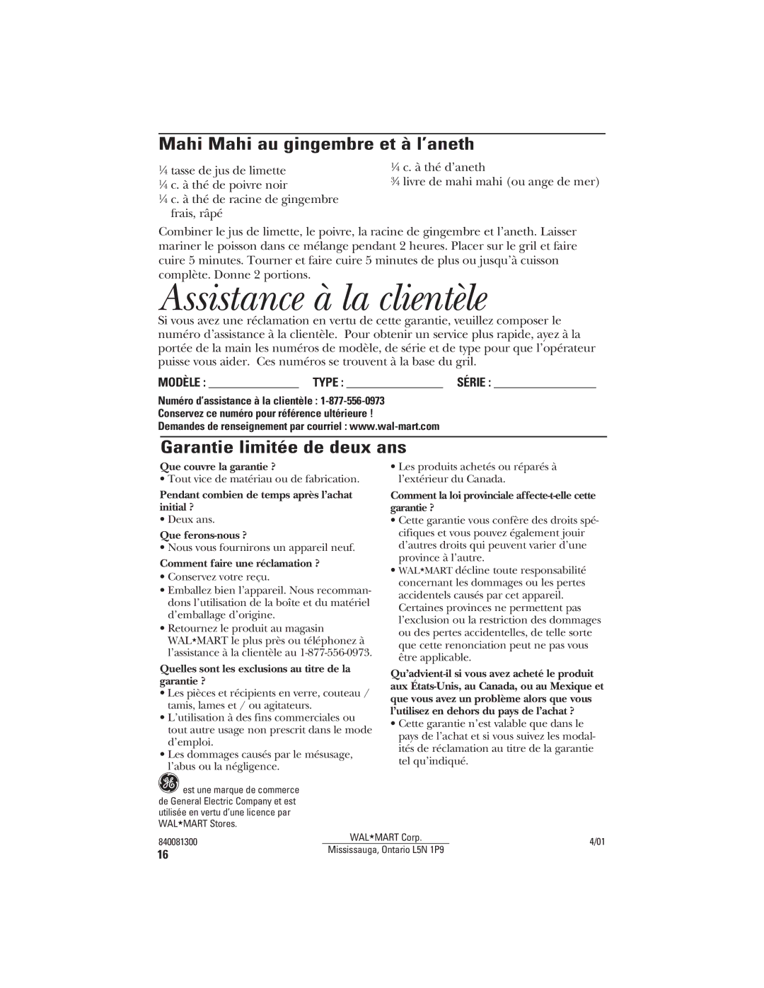 GE 840081300, 106796 manual Assistance à la clientèle, Mahi Mahi au gingembre et à l’aneth, Garantie limitée de deux ans 