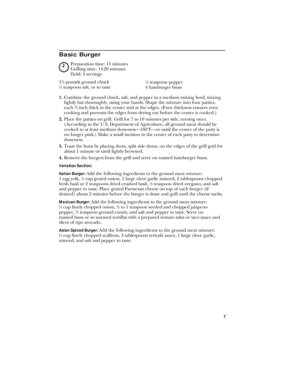 GE 106796, 840081300 manual Basic Burger, Variation Section 