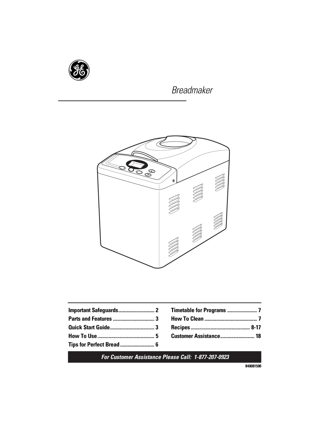 GE 840081500 quick start Breadmaker 