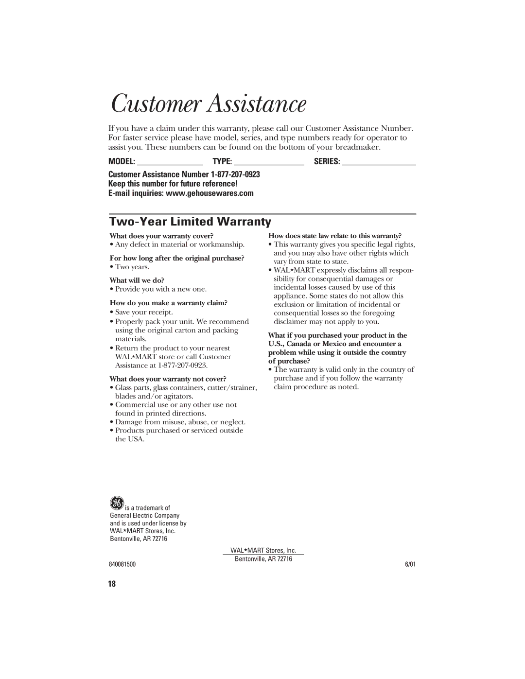 GE 840081500 quick start Customer Assistance, Two-Year Limited Warranty 