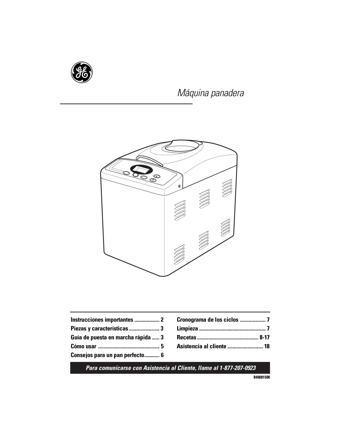 GE 840081500 quick start Máquina panadera 