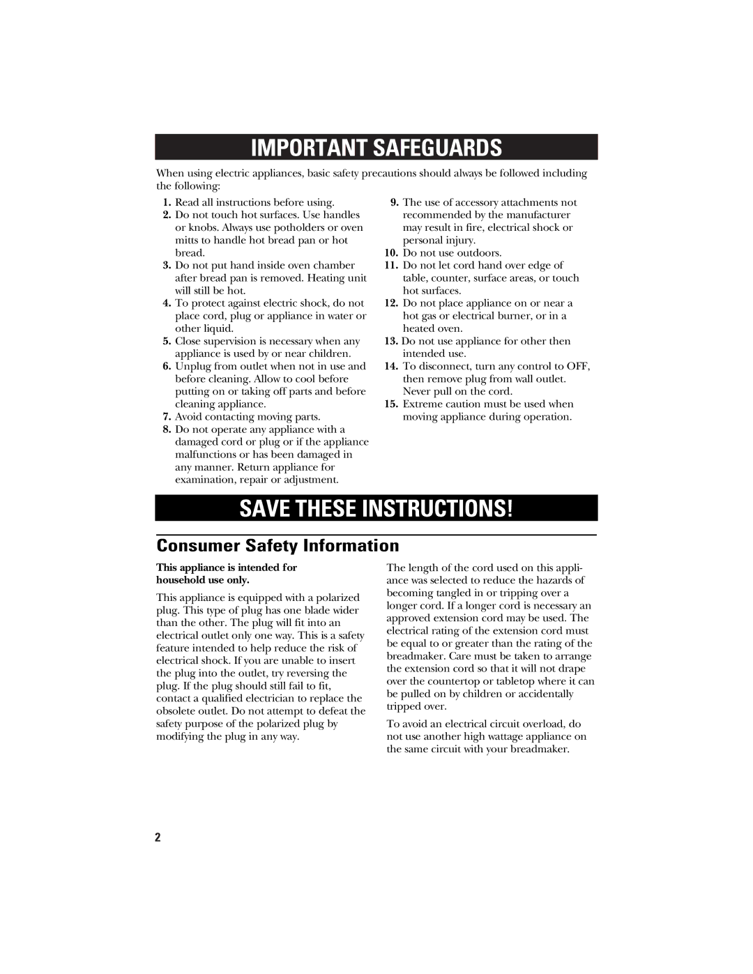 GE 840081500 quick start Important Safeguards, Consumer Safety Information 