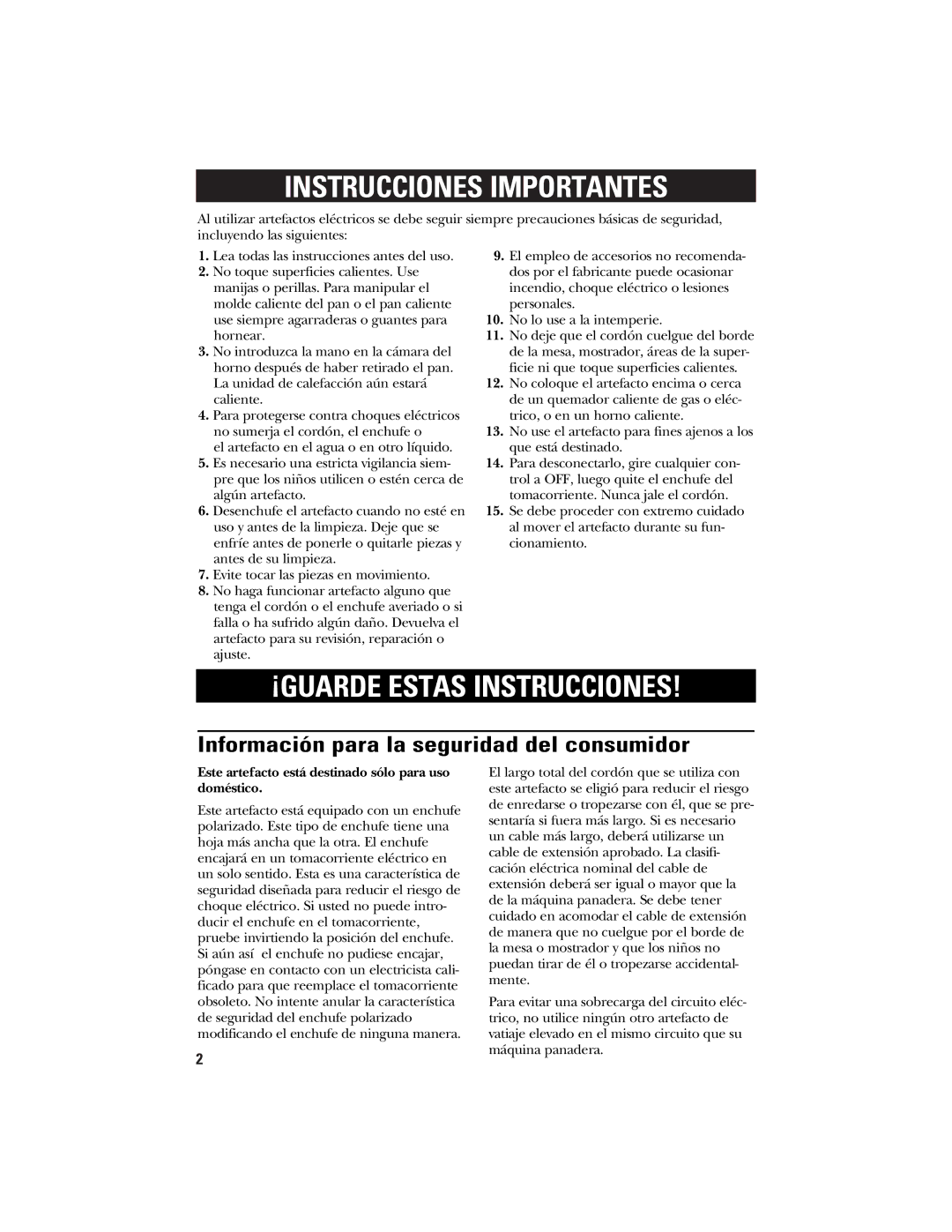 GE 840081500 quick start Instrucciones Importantes, Información para la seguridad del consumidor 