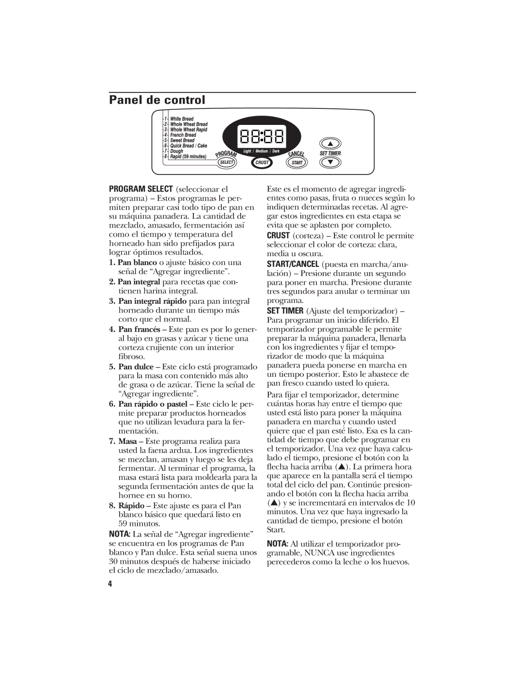 GE 840081500 quick start Panel de control 