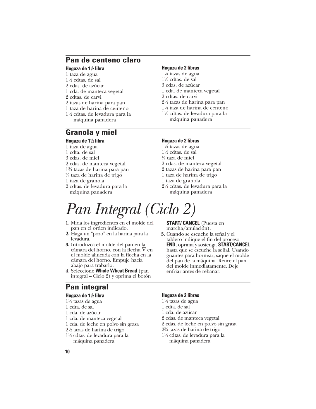 GE 840081500 quick start Pan Integral Ciclo, Pan de centeno claro, Granola y miel, Pan integral 