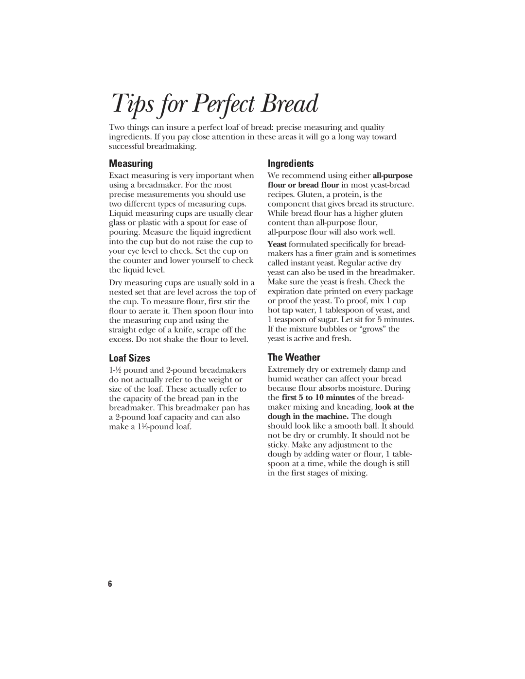 GE 840081500 quick start Tips for Perfect Bread, Measuring 