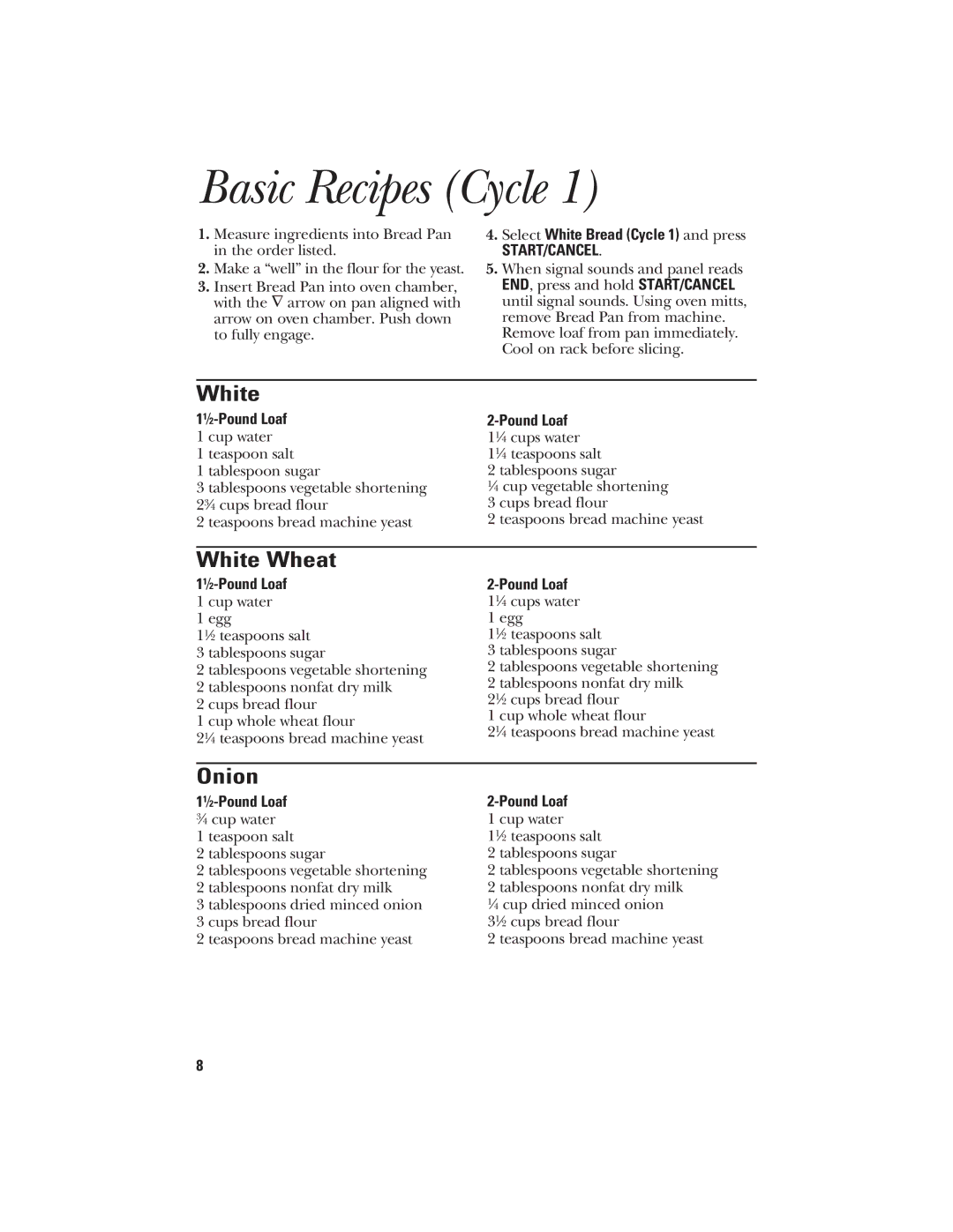 GE 840081500 quick start Basic Recipes Cycle, White Wheat, Onion 