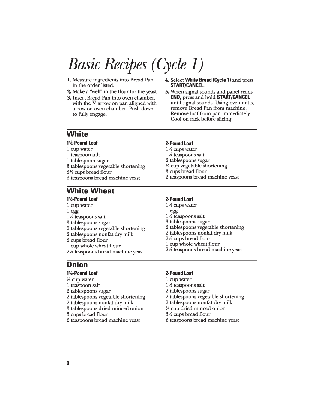 GE 840081500 Basic Recipes Cycle, White Wheat, Onion, Select White Bread Cycle 1 and press START/CANCEL, Pound Loaf 