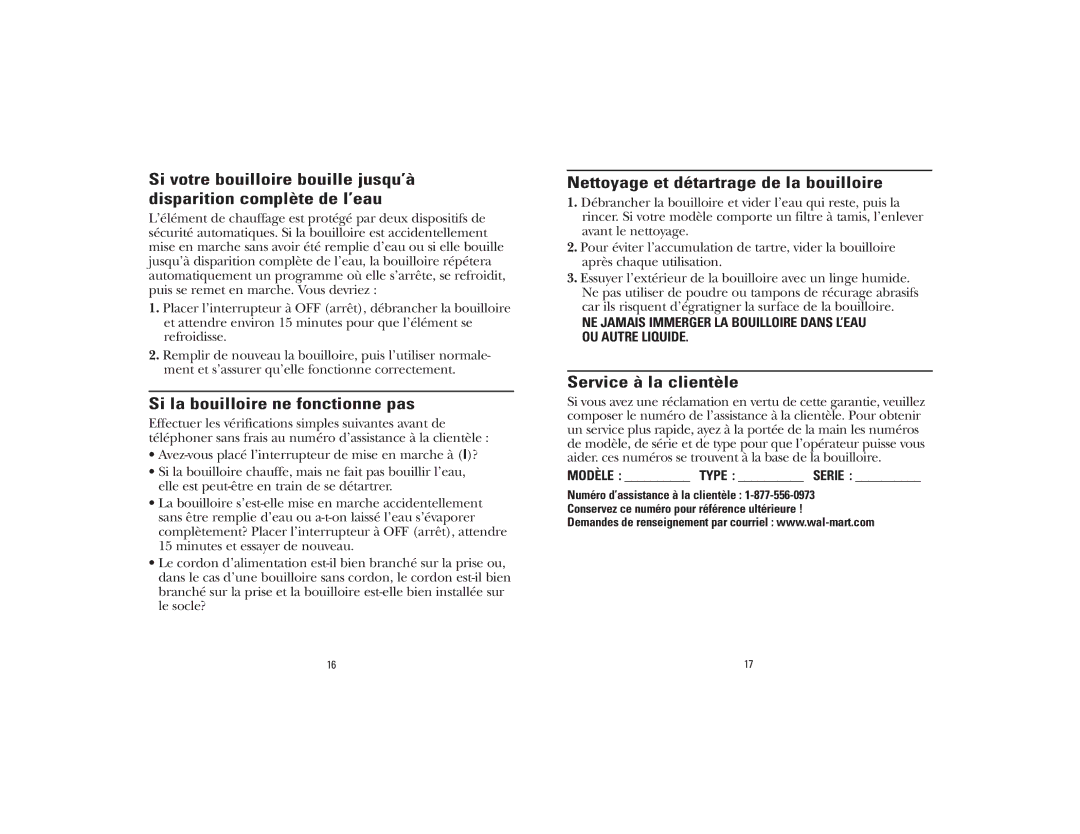 GE 106764, 840081700 Si la bouilloire ne fonctionne pas, Nettoyage et détartrage de la bouilloire, Service à la clientèle 