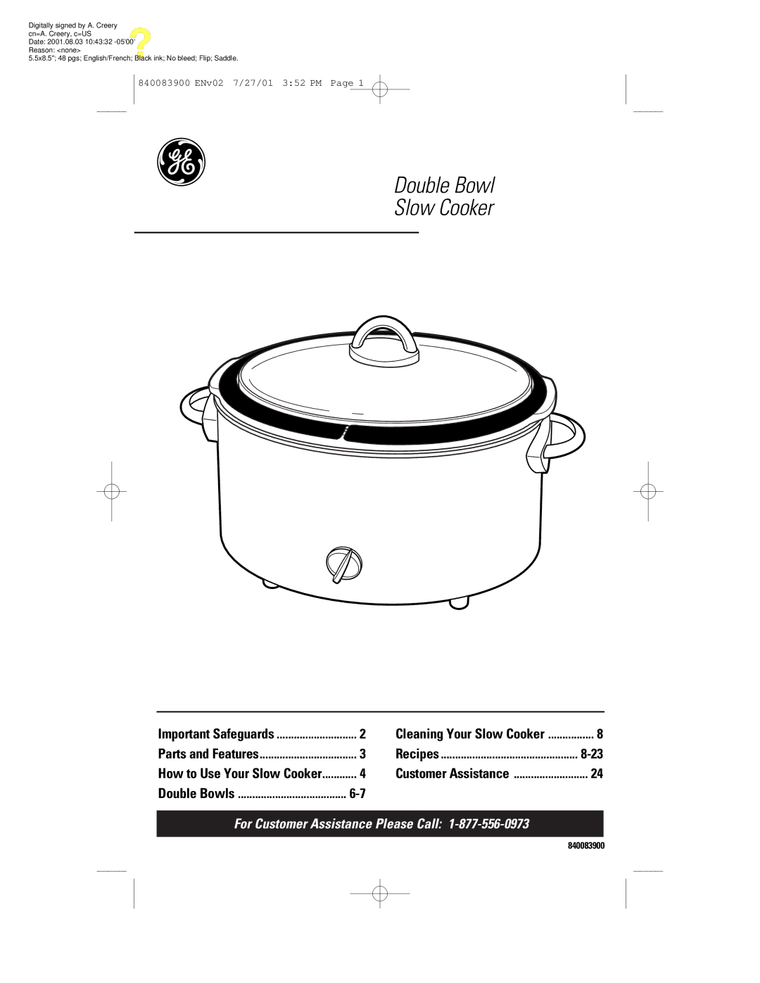 GE 106828, 840083900 manual Double Bowl Slow Cooker 