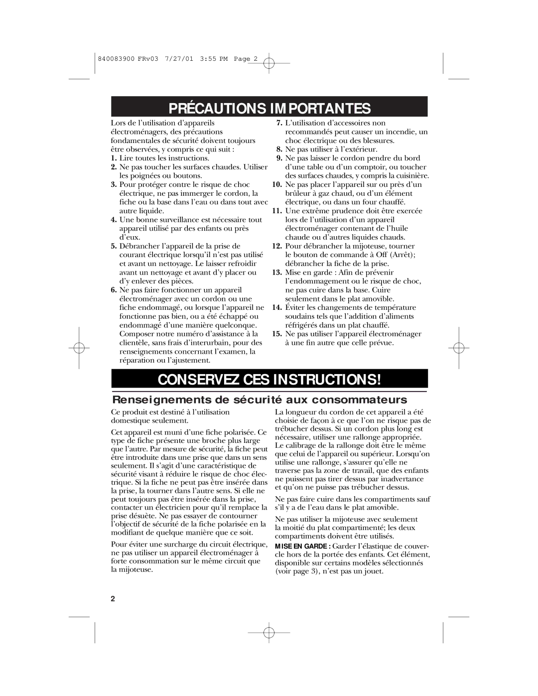 GE 840083900, 106828 manual Précautions Importantes, Renseignements de sécurité aux consommateurs 