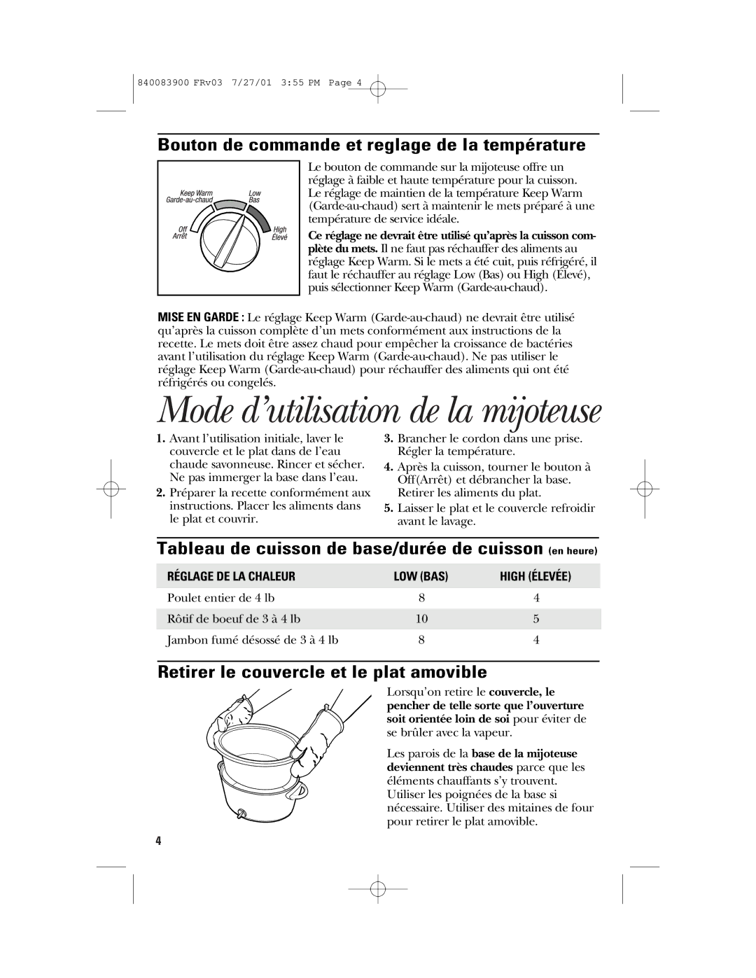 GE 840083900, 106828 manual Mode d’utilisation de la mijoteuse, Bouton de commande et reglage de la température 