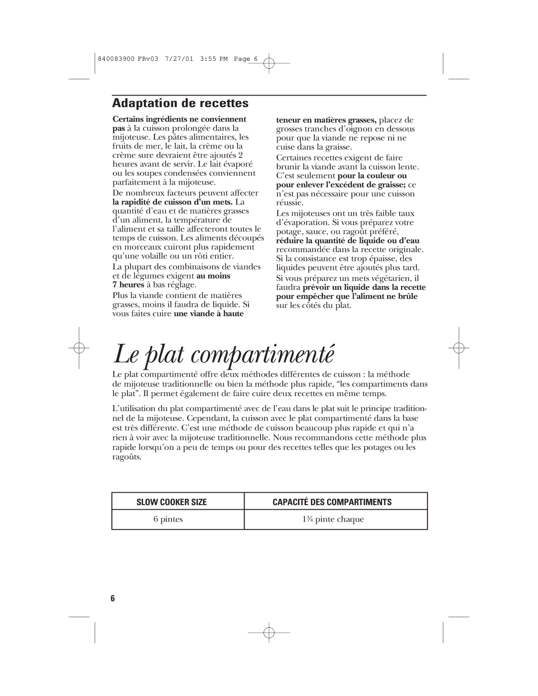 GE 840083900, 106828 manual Le plat compartimenté, Adaptation de recettes 