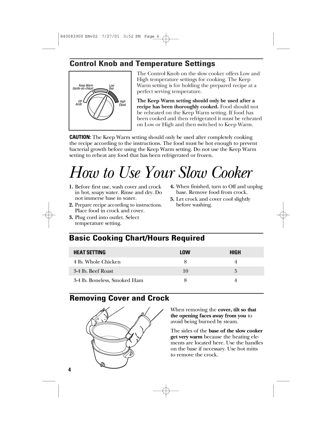 GE 840083900 manual How to Use Your Slow Cooker, Control Knob and Temperature Settings, Basic Cooking Chart/Hours Required 