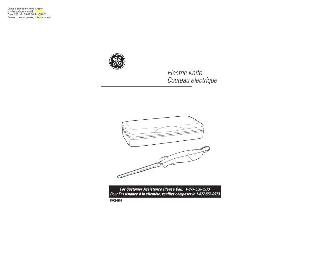 GE 106788, 840084200 manual Electric Knife Couteau électrique 