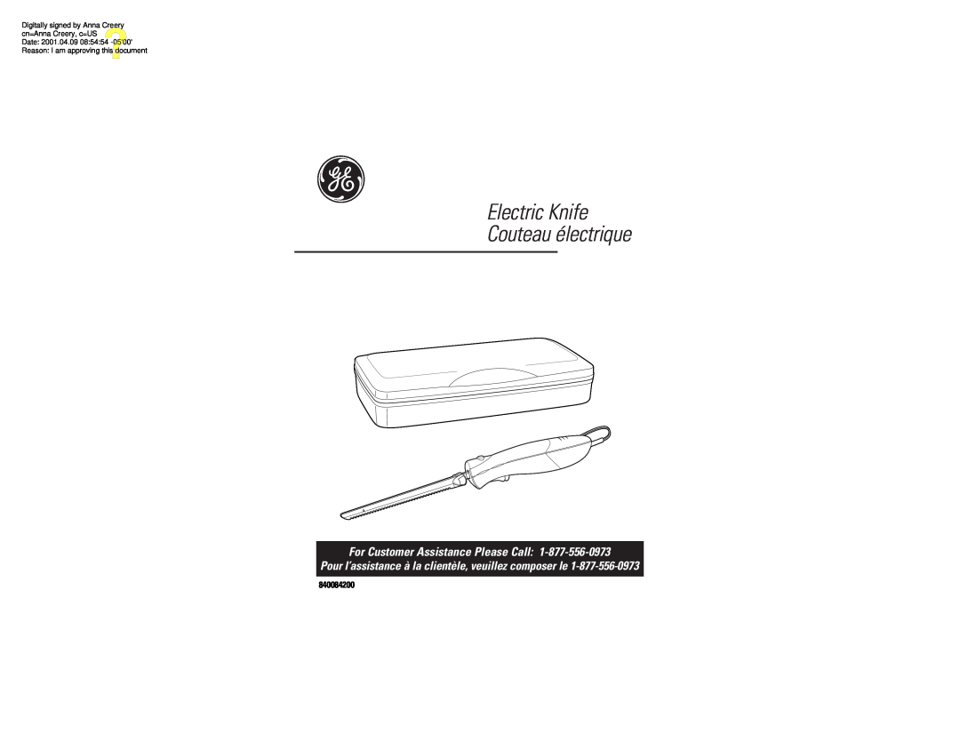 GE 106788 manual Electric Knife Couteau électrique, For Customer Assistance Please Call, 840084200 