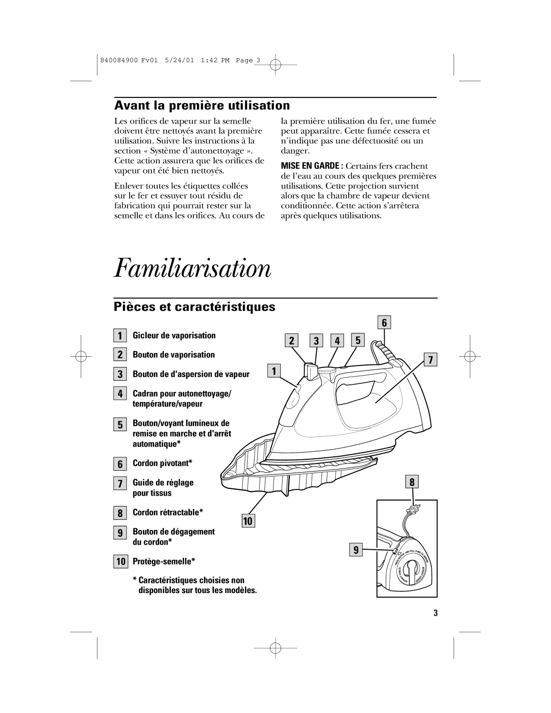 GE 106636, 840084900 manual Familiarisation, Avant la première utilisation, Pièces et caractéristiques 