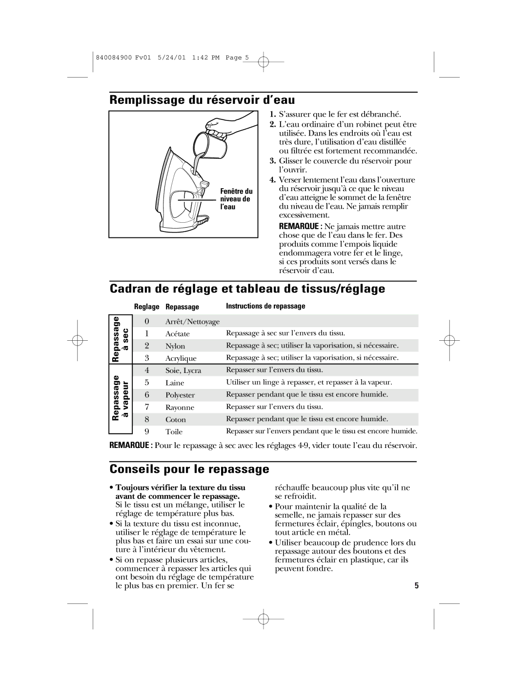 GE 106636 manual Remplissage du réservoir d’eau, Cadran de réglage et tableau de tissus/réglage, Conseils pour le repassage 