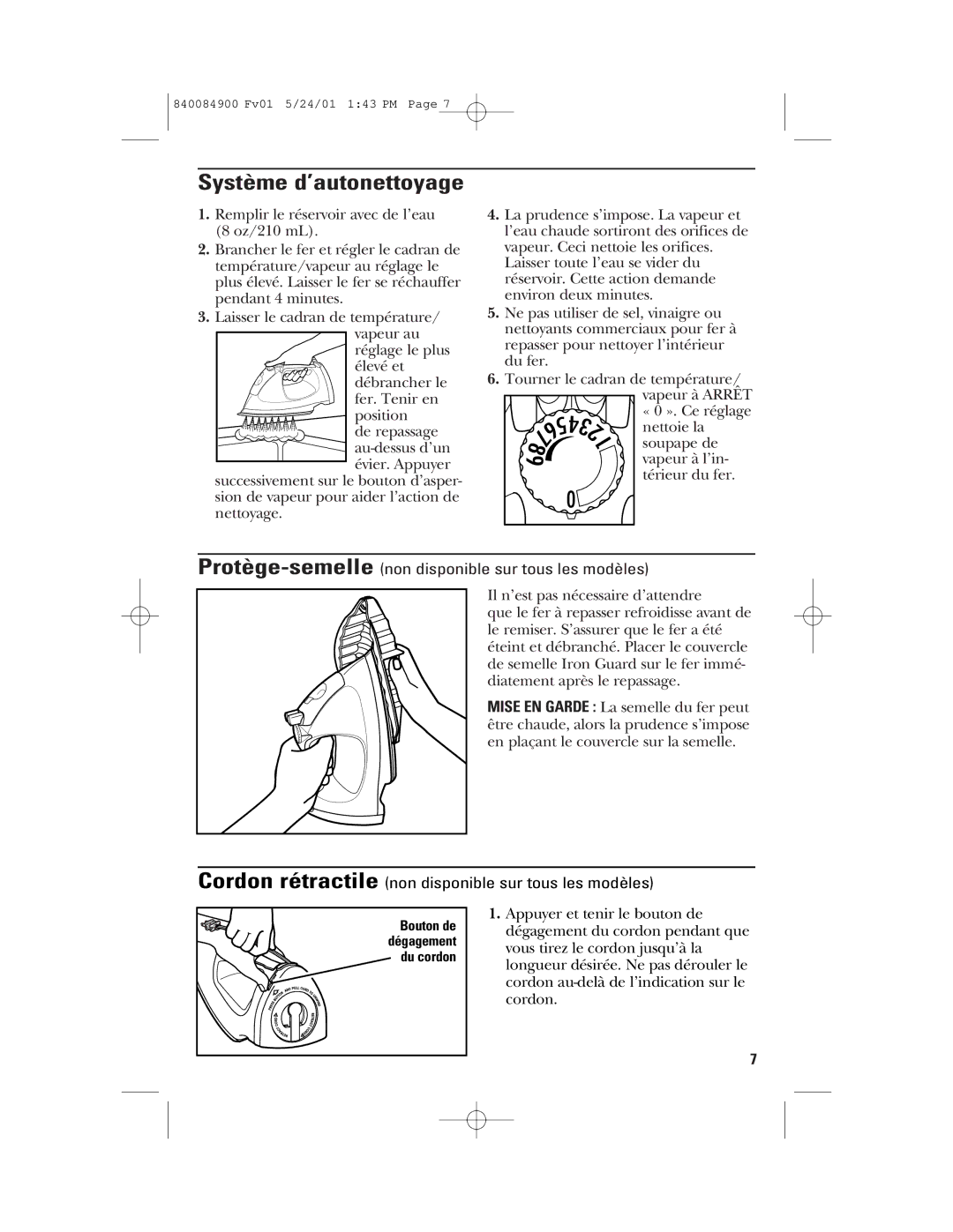 GE 106636, 840084900 manual Système d’autonettoyage, Protège-semellenon disponible sur tous les modèles 