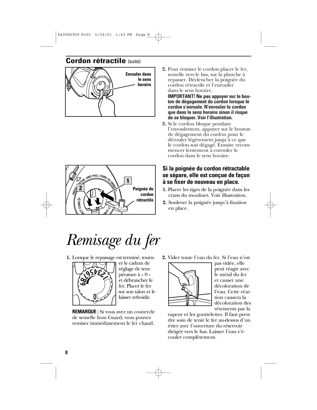GE 840084900, 106636 manual Remisage du fer, Cordon rétractile suite 