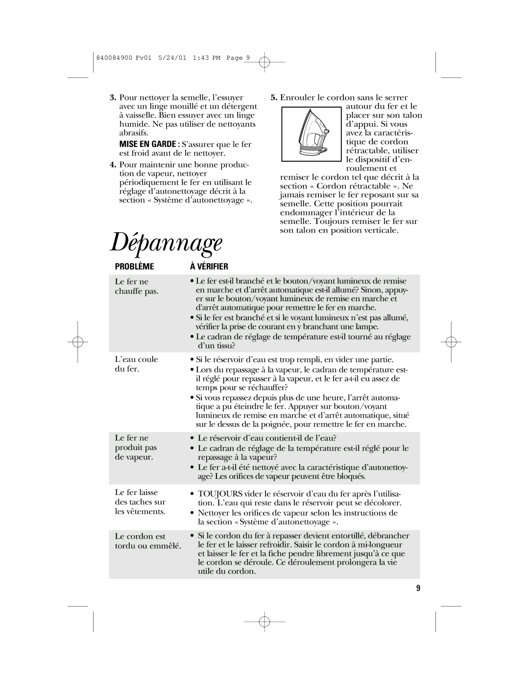 GE 106636, 840084900 manual Dépannage, Problème, Vérifier 