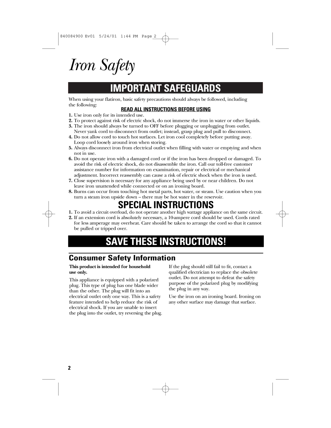 GE 840084900, 106636 manual Iron Safety, Consumer Safety Information, Read ALL Instructions Before Using 