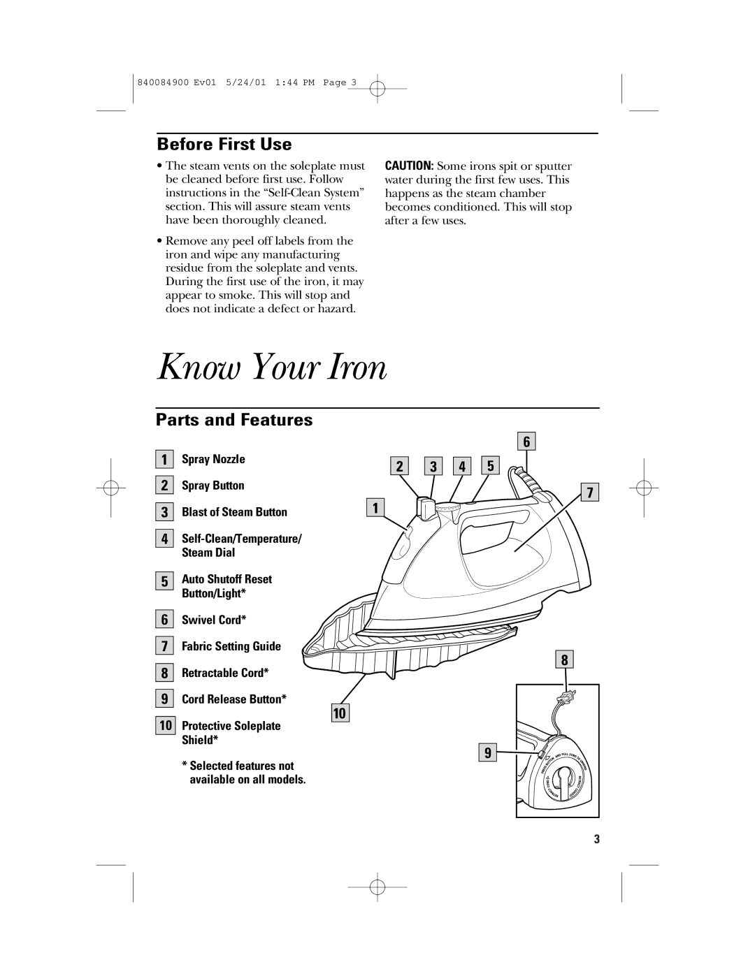 GE 106636, 840084900 manual Know Your Iron, Before First Use, Parts and Features 