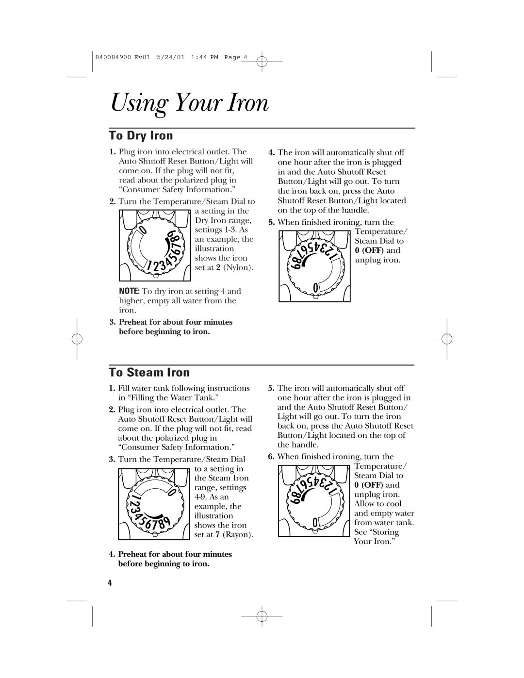 GE 840084900, 106636 manual Using Your Iron, To Dry Iron, To Steam Iron 