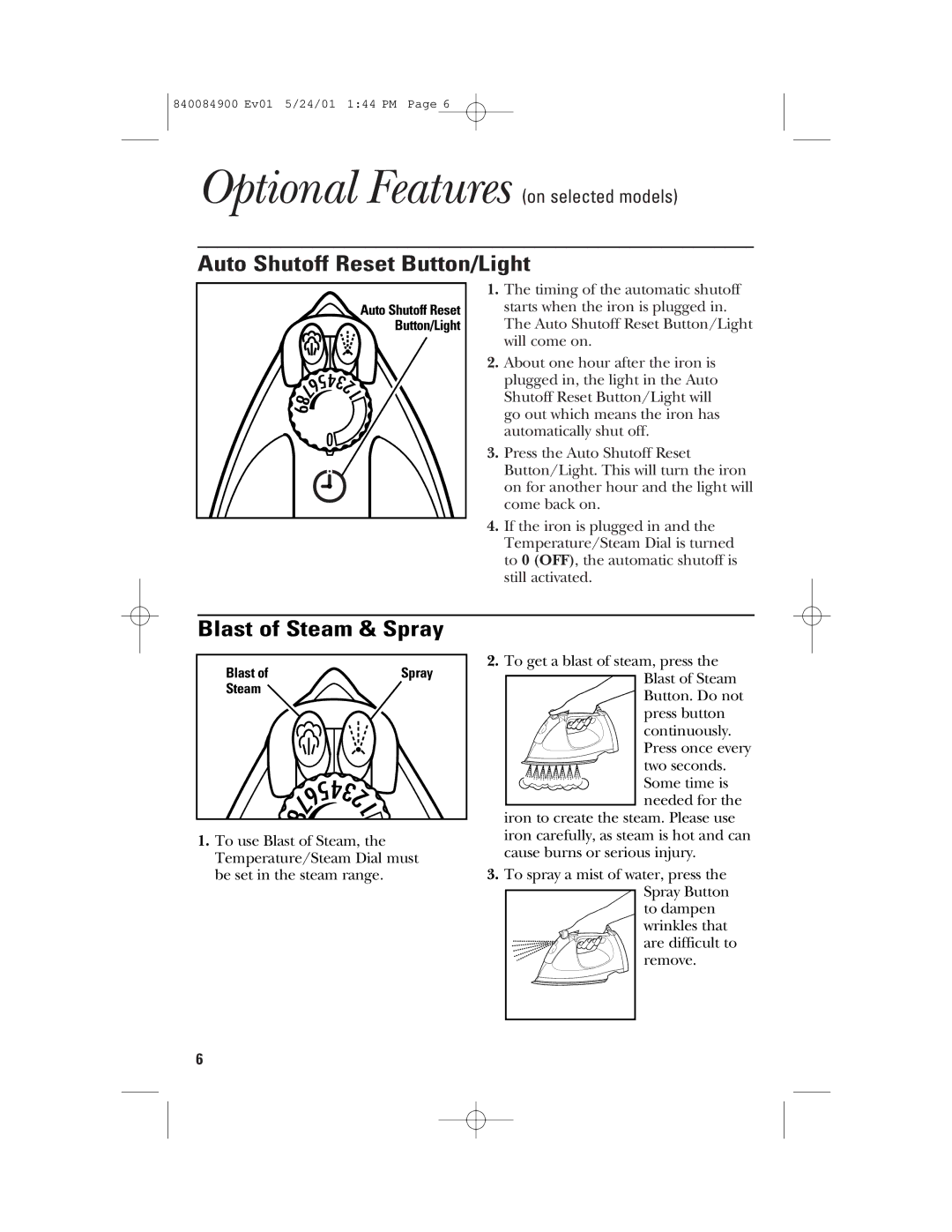 GE 840084900, 106636 manual Auto Shutoff Reset Button/Light, Blast of Steam & Spray 