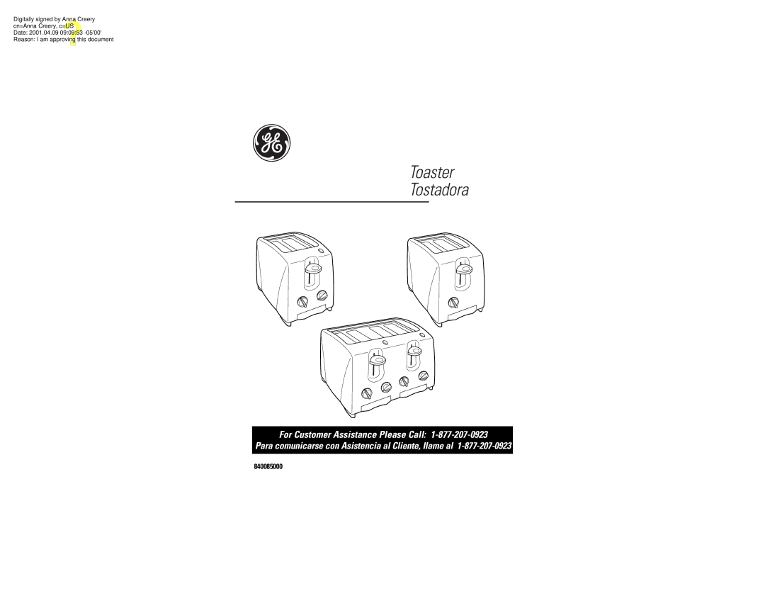 GE 106701, 840085000 manual Toaster Tostadora 