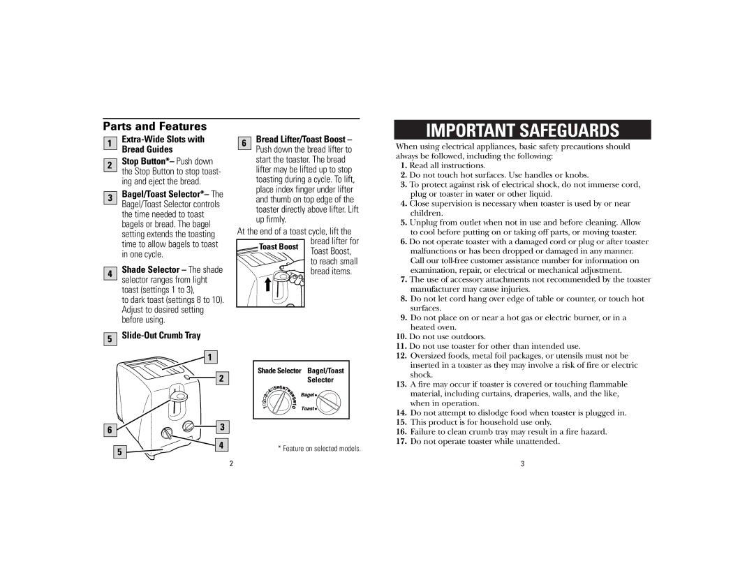 GE 840085000, 106701 manual Parts and Features, Extra-Wide Slots with Bread Guides 