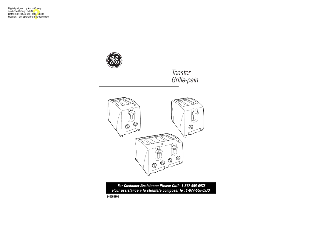 GE 106700, 840085100 manual Toaster Grille-pain 