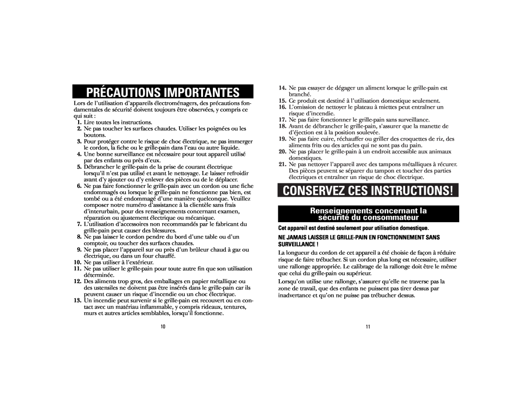GE 106700 manual Précautions Importantes, Conservez Ces Instructions, Renseignements concernant la sécurité du consommateur 