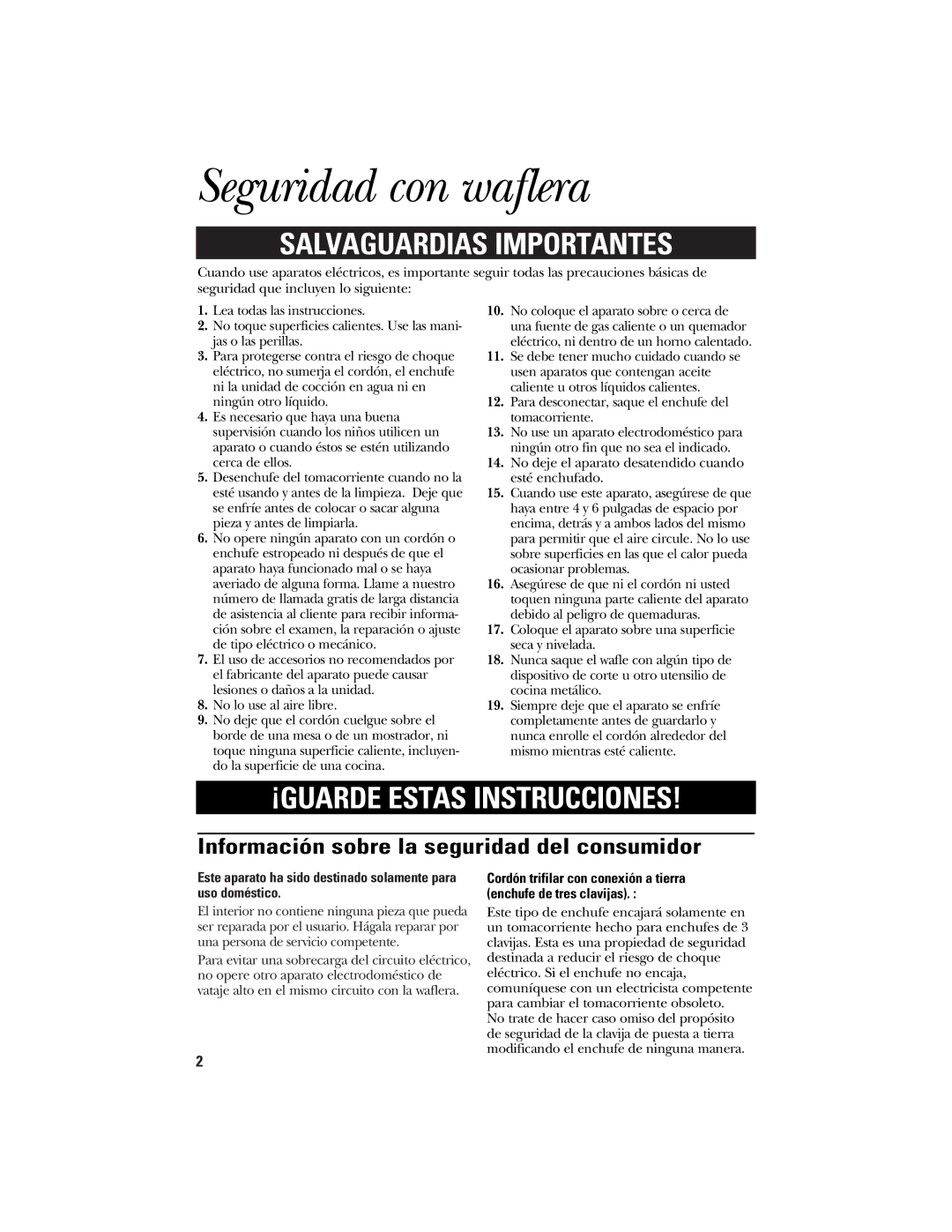 GE 840085600 manual Seguridad con waflera, Información sobre la seguridad del consumidor 