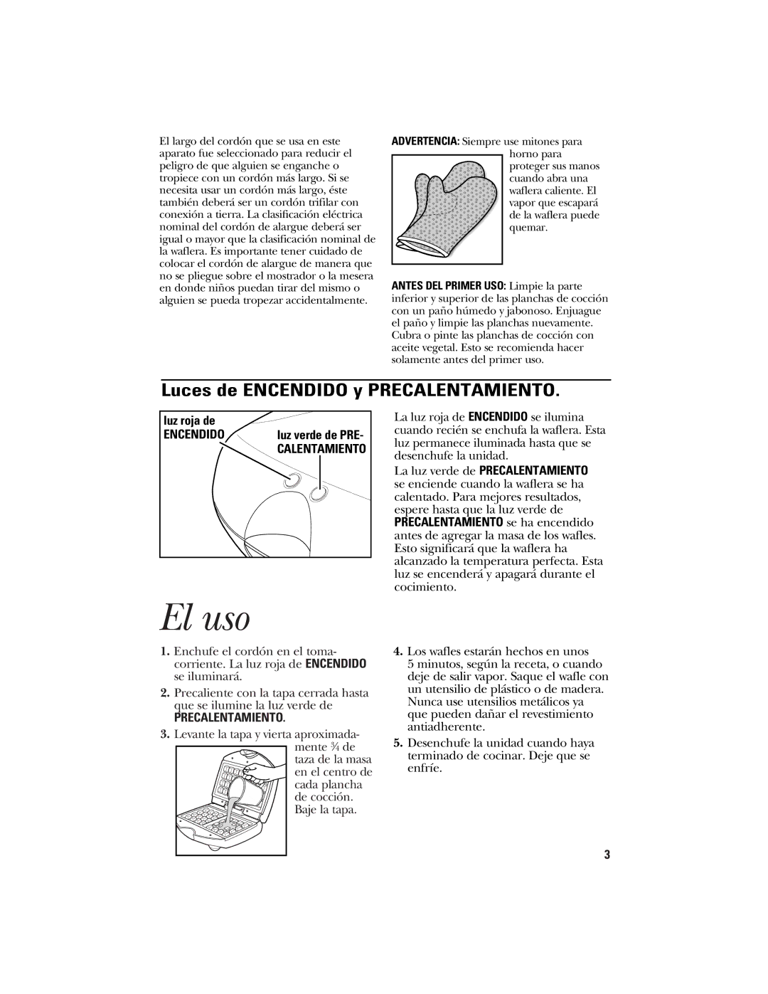 GE 840085600 manual El uso, Luces de Encendido y Precalentamiento 