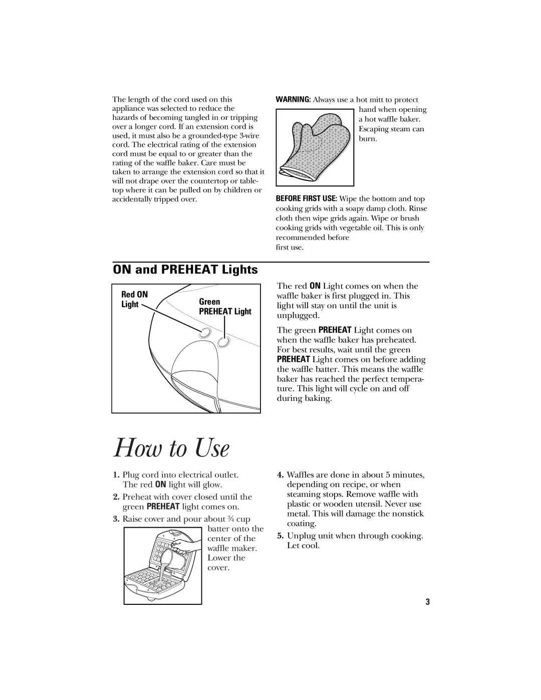 GE 840085600 manual How to Use, On and Preheat Lights 