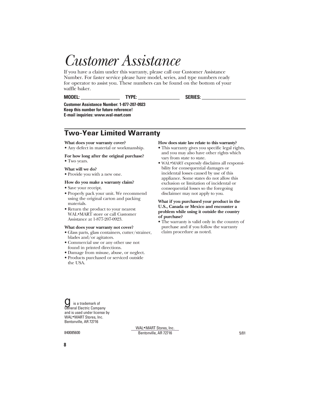 GE 840085600 manual Customer Assistance, Two-Year Limited Warranty 