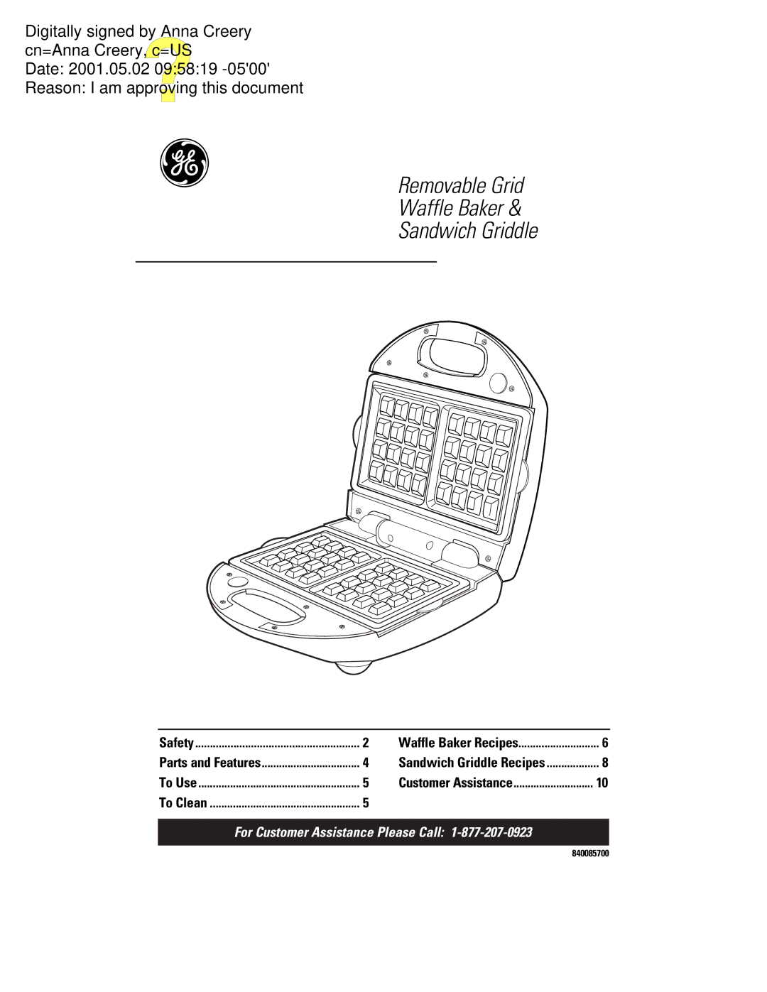 GE 106582, 840085700 manual Removable Grid Waffle Baker Sandwich Griddle 