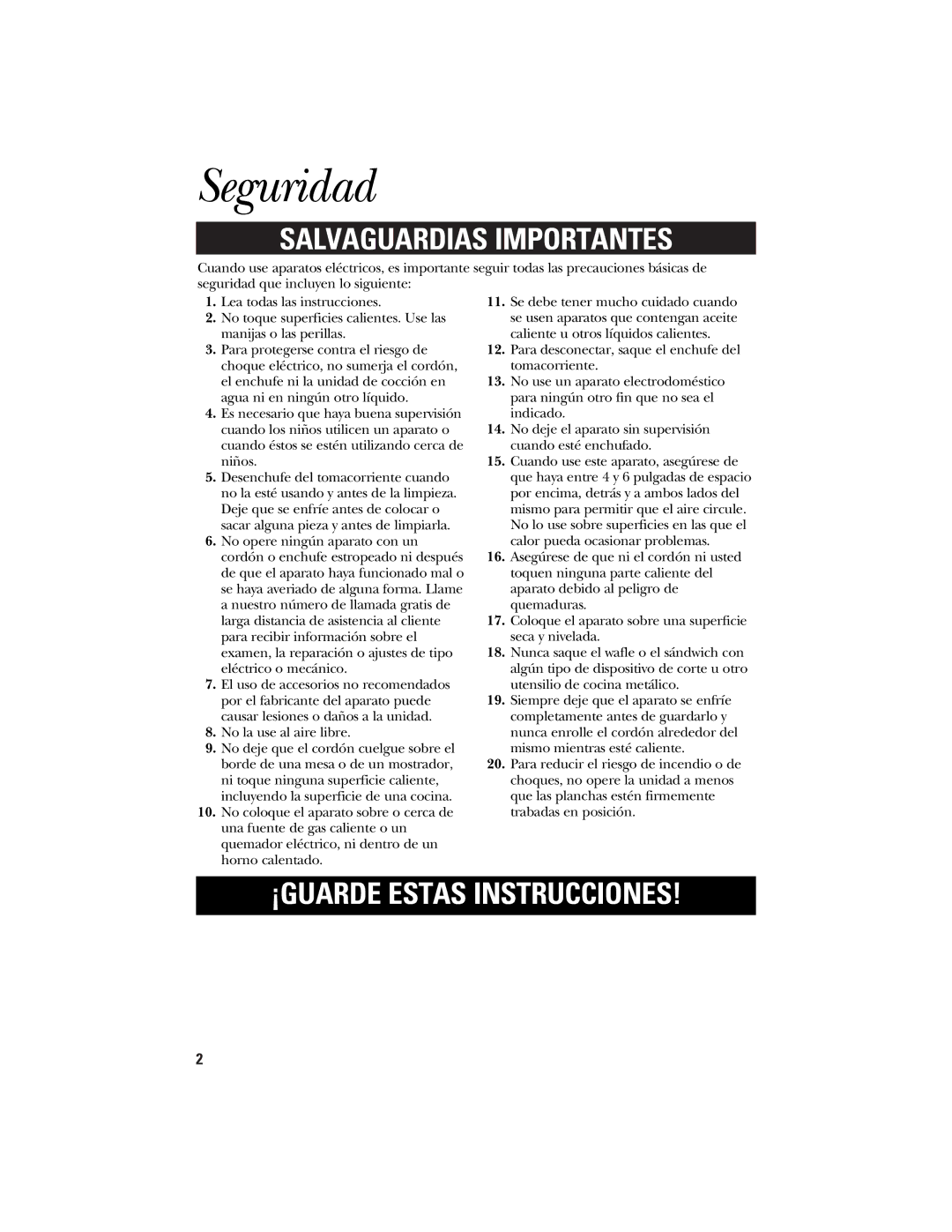 GE 840085700, 106582 manual Seguridad, Salvaguardias Importantes 