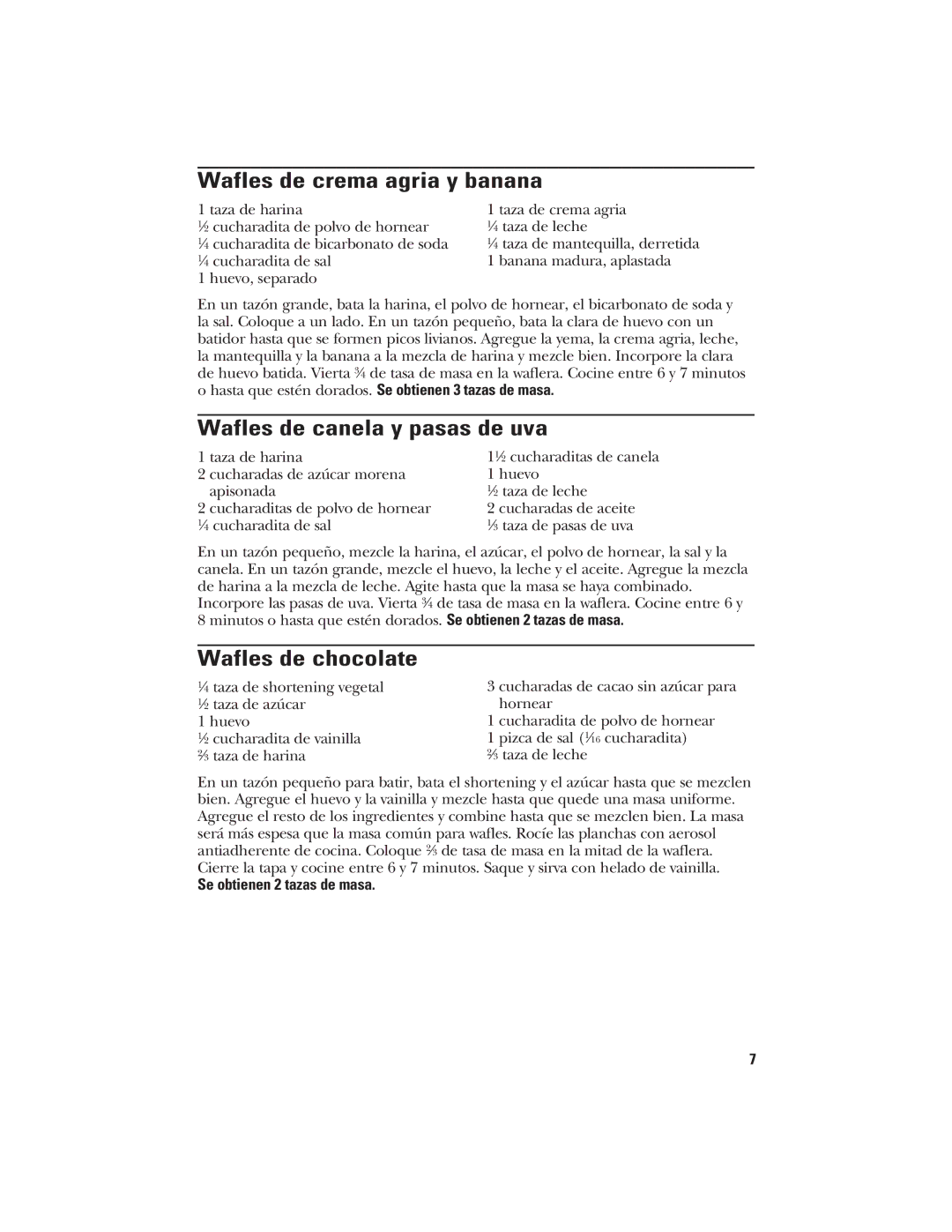 GE 106582, 840085700 manual Wafles de crema agria y banana, Wafles de canela y pasas de uva, Wafles de chocolate 
