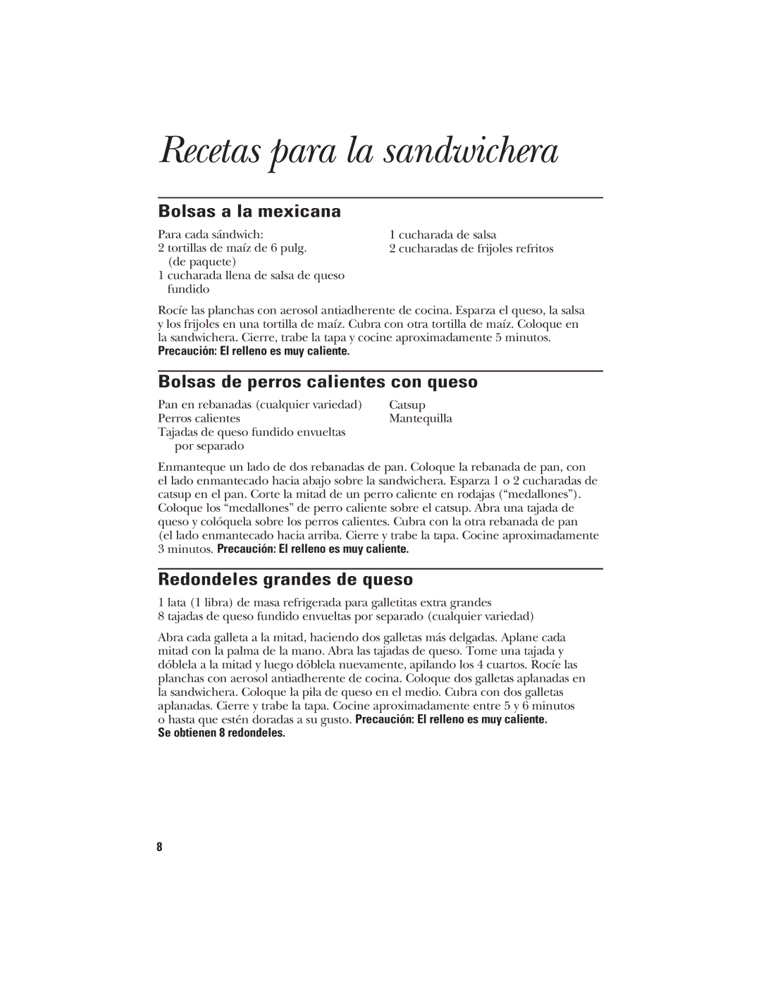 GE 840085700, 106582 manual Recetas para la sandwichera, Bolsas a la mexicana, Bolsas de perros calientes con queso 