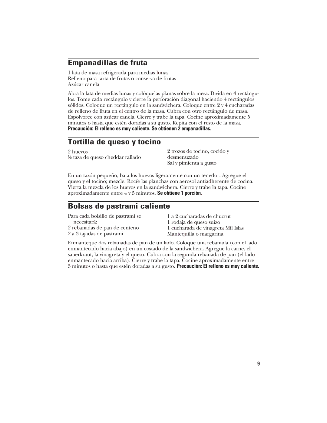 GE 106582, 840085700 manual Empanadillas de fruta, Tortilla de queso y tocino, Bolsas de pastrami caliente 
